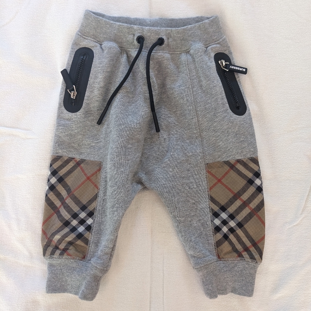 Burberry Gray Babies Joggers with Plaid Details